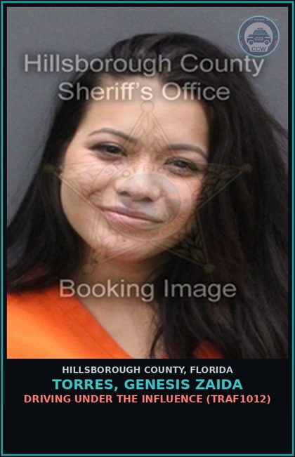 CCW arrest card for TORRES, GENESIS ZAIDA in Hillsborough County: DRIVING UNDER THE INFLUENCE (TRAF1012)