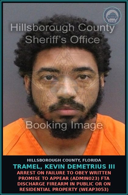 CCW arrest card for TRAMEL, KEVIN DEMETRIUS III in Hillsborough County: ARREST ON FAILURE TO OBEY WRITTEN PROMISE TO APPEAR (ADMIN023) FTA DISCHARGE FIREARM IN PUBLIC OR ON RESIDENTIAL PROPERTY (WEAP3053)