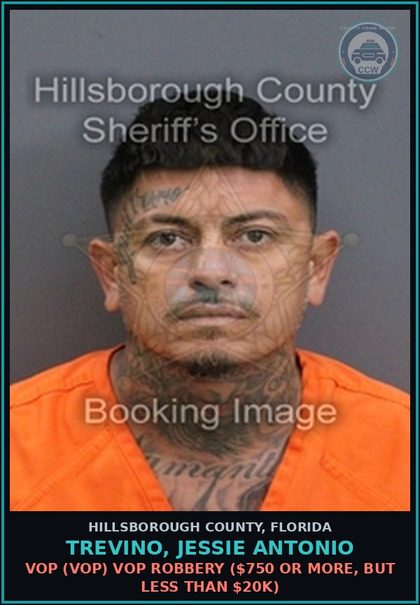 CCW arrest card for TREVINO, JESSIE ANTONIO in Hillsborough County: VOP (VOP) VOP ROBBERY ($750 OR MORE, BUT LESS THAN $20K)
