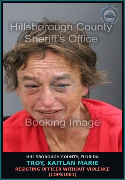 CCW arrest card for TROY, KAITLAN MARIE in Hillsborough County: RESISTING OFFICER WITHOUT VIOLENCE (COPS1001)