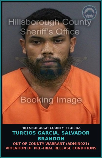 CCW arrest card for TURCIOS GARCIA, SALVADOR BRANDON in Hillsborough County: OUT OF COUNTY WARRANT (ADMIN021) VIOLATION OF PRE-TRIAL RELEASE CONDITIONS