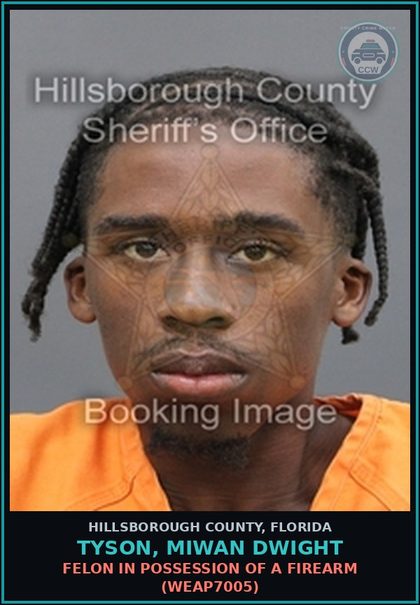 CCW arrest card for TYSON, MIWAN DWIGHT in Hillsborough County: FELON IN POSSESSION OF A FIREARM (WEAP7005)