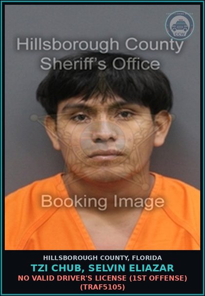 CCW arrest card for TZI CHUB, SELVIN ELIAZAR in Hillsborough County: NO VALID DRIVER'S LICENSE (1ST OFFENSE) (TRAF5105)