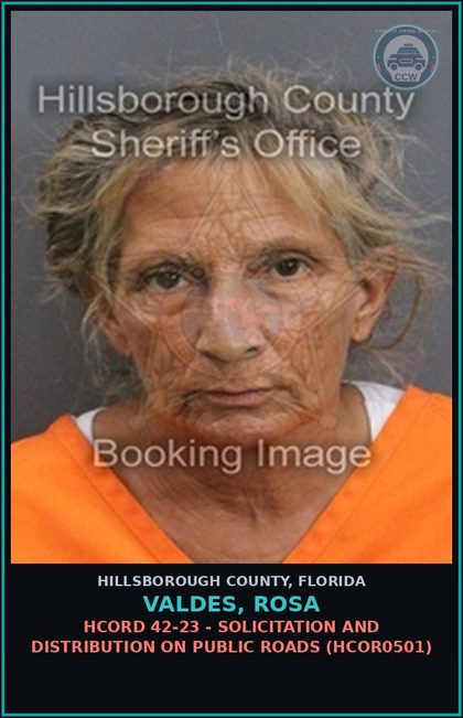 CCW arrest card for VALDES, ROSA in Hillsborough County: HCORD 42-23 - SOLICITATION AND DISTRIBUTION ON PUBLIC ROADS (HCOR0501)
