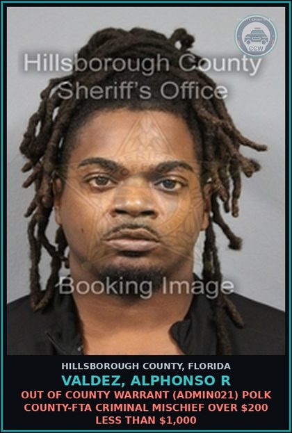 CCW arrest card for VALDEZ, ALPHONSO R in Hillsborough County: OUT OF COUNTY WARRANT (ADMIN021) POLK COUNTY-FTA CRIMINAL MISCHIEF OVER $200 LESS THAN $1,000