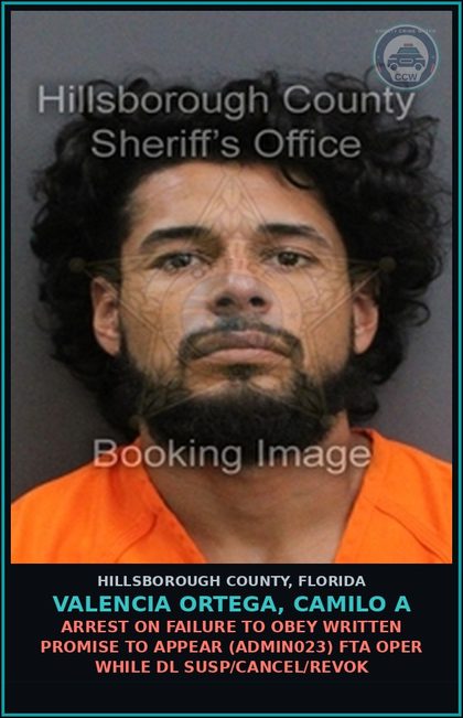 CCW arrest card for VALENCIA ORTEGA, CAMILO A in Hillsborough County: ARREST ON FAILURE TO OBEY WRITTEN PROMISE TO APPEAR (ADMIN023) FTA OPER WHILE DL SUSP/CANCEL/REVOK
