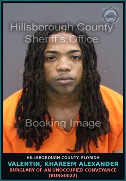 CCW arrest card for VALENTIN, KHAREEM ALEXANDER in Hillsborough County: BURGLARY OF AN UNOCCUPIED CONVEYANCE (BURG0022)