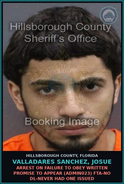 CCW arrest card for VALLADARES SANCHEZ, JOSUE in Hillsborough County: ARREST ON FAILURE TO OBEY WRITTEN PROMISE TO APPEAR (ADMIN023) FTA-NO DL-NEVER HAD ONE ISSUED