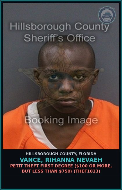 CCW arrest card for VANCE, RIHANNA NEVAEH in Hillsborough County: PETIT THEFT FIRST DEGREE ($100 OR MORE, BUT LESS THAN $750) (THEF1013)