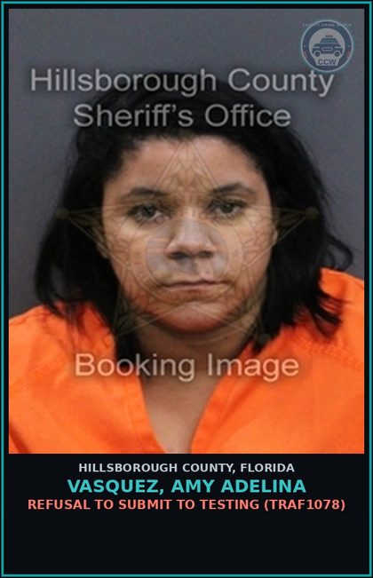 CCW arrest card for VASQUEZ, AMY ADELINA in Hillsborough County: REFUSAL TO SUBMIT TO TESTING (TRAF1078)