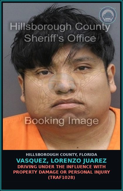 CCW arrest card for VASQUEZ, LORENZO JUAREZ in Hillsborough County: DRIVING UNDER THE INFLUENCE WITH PROPERTY DAMAGE OR PERSONAL INJURY (TRAF1028)