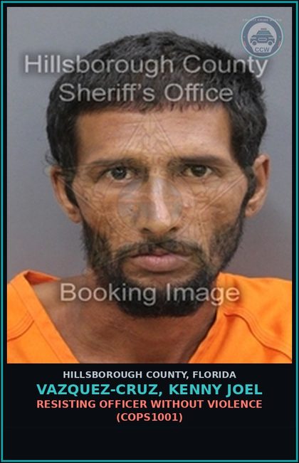 CCW arrest card for VAZQUEZ-CRUZ, KENNY JOEL in Hillsborough County: HCORD 42-23 - SOLICITATION AND DISTRIBUTION ON PUBLIC ROADS (HCOR0501)