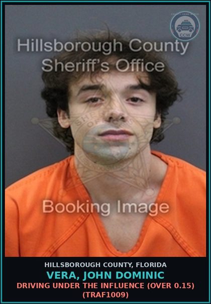 CCW arrest card for VERA, JOHN DOMINIC in Hillsborough County: DRIVING UNDER THE INFLUENCE (OVER 0.15) (TRAF1009)