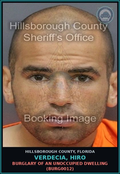 CCW arrest card for VERDECIA, HIRO in Hillsborough County: BURGLARY OF AN UNOCCUPIED DWELLING (BURG0012)