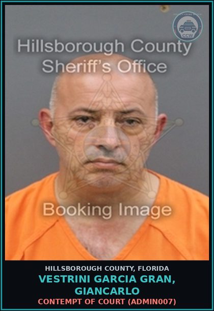 CCW arrest card for VESTRINI GARCIA GRAN, GIANCARLO in Hillsborough County: CONTEMPT OF COURT (ADMIN007)