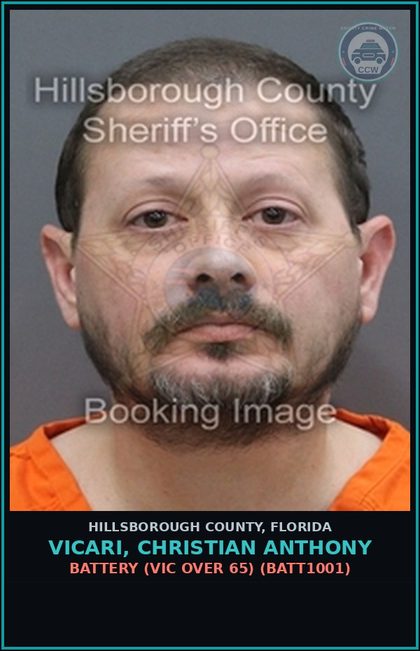 CCW arrest card for VICARI, CHRISTIAN ANTHONY in Hillsborough County: BATTERY (VICTIM OVER 65) (BATT1001)