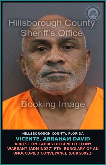 CCW arrest card for VICENTE, ABRAHAM DAVID in Hillsborough County: ARREST ON CAPIAS OR BENCH FELONY WARRANT (ADMIN027) FTA- BURGLARY OF AN UNOCCUPIED CONVEYANCE (BURG0022)