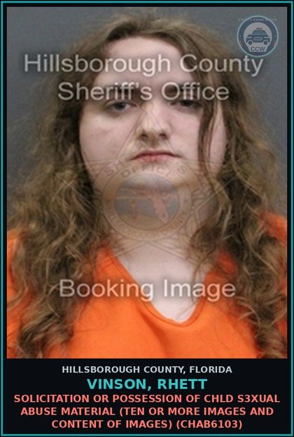 CCW arrest card for VINSON, RHETT in Hillsborough County: SOLICITATION OR POSSESSION OF chld s3xual ABUSE MATERIAL (TEN OR MORE IMAGES AND CONTENT OF IMAGES) (CHAB6103)
