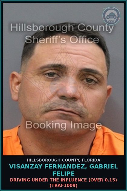 CCW arrest card for VISANZAY FERNANDEZ, GABRIEL FELIPE in Hillsborough County: DRIVING UNDER THE INFLUENCE (OVER 0.15) (TRAF1009)