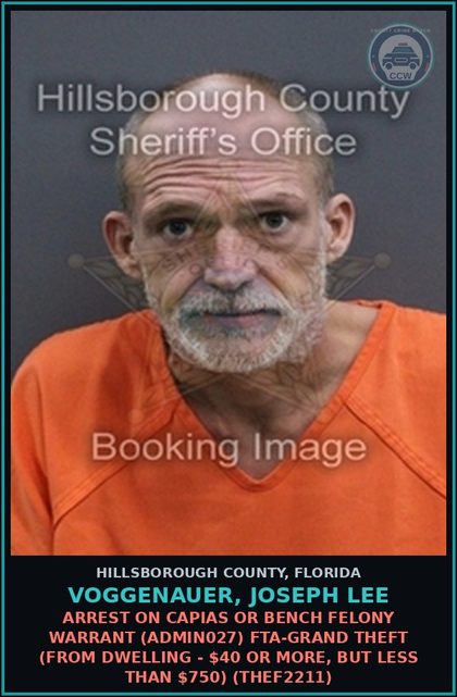 CCW arrest card for VOGGENAUER, JOSEPH LEE in Hillsborough County: ARREST ON CAPIAS OR BENCH FELONY WARRANT (ADMIN027) FTA-GRAND THEFT (FROM DWELLING - $40 OR MORE, BUT LESS THAN $750) (THEF2211)