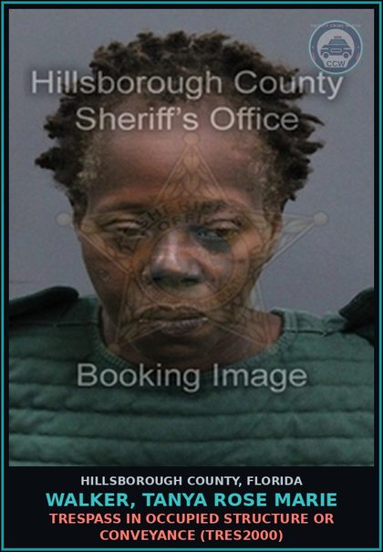 CCW arrest card for WALKER, TANYA ROSE MARIE in Hillsborough County: TRESPASS IN OCCUPIED STRUCTURE OR CONVEYANCE (TRES2000)