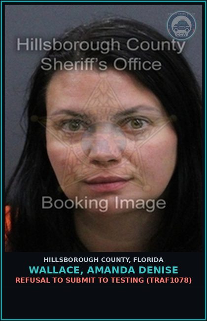 CCW arrest card for WALLACE, AMANDA DENISE in Hillsborough County: REFUSAL TO SUBMIT TO TESTING (TRAF1078)