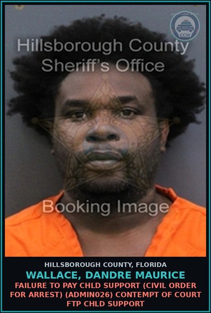 CCW arrest card for WALLACE, DANDRE MAURICE in Hillsborough County: FAILURE TO PAY chld SUPPORT (CIVIL ORDER FOR ARREST) (ADMIN026) CONTEMPT OF COURT FTP chld SUPPORT
