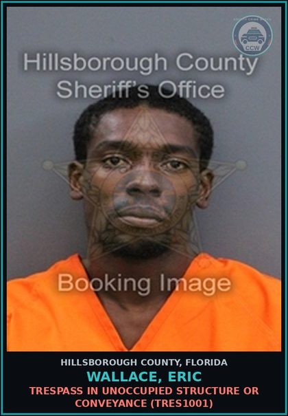 CCW arrest card for WALLACE, ERIC in Hillsborough County: TRESPASS IN UNOCCUPIED STRUCTURE OR CONVEYANCE (TRES1001)