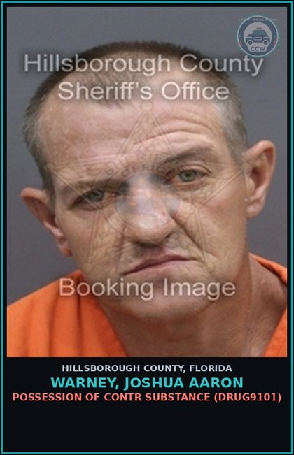 CCW arrest card for WARNEY, JOSHUA AARON in Hillsborough County: POSSESSION OF contr substance (DRUG9101)