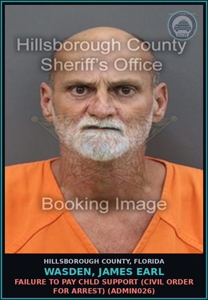CCW arrest card for WASDEN, JAMES EARL in Hillsborough County: FAILURE TO PAY chld SUPPORT (CIVIL ORDER FOR ARREST) (ADMIN026)