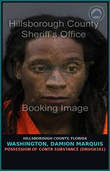 CCW arrest card for WASHINGTON, DAMION MARQUIS in Hillsborough County: POSSESSION OF contr substance (DRUG9101)
