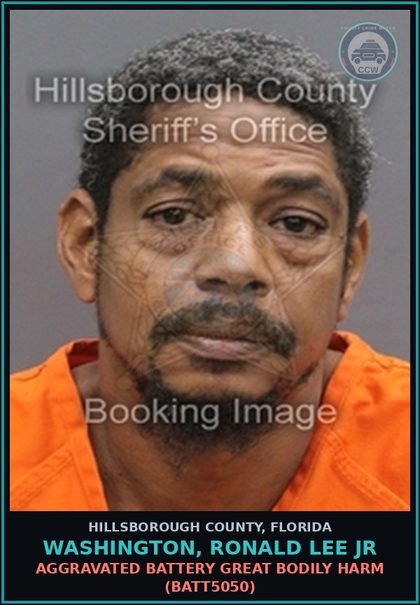 CCW arrest card for WASHINGTON, RONALD LEE JR in Hillsborough County: AGGRAVATED BATTERY GREAT BODILY HARM (BATT5050)