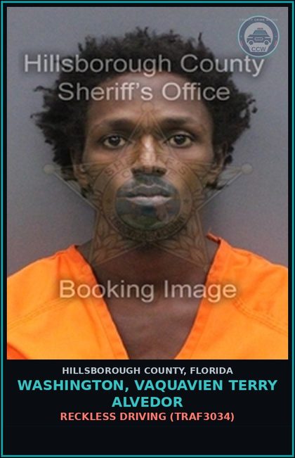 CCW arrest card for WASHINGTON, VAQUAVIEN TERRY ALVEDOR in Hillsborough County: RECKLESS DRIVING (TRAF3034)