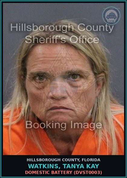 CCW arrest card for WATKINS, TANYA KAY in Hillsborough County: DOMESTIC BATTERY (DVST0003)