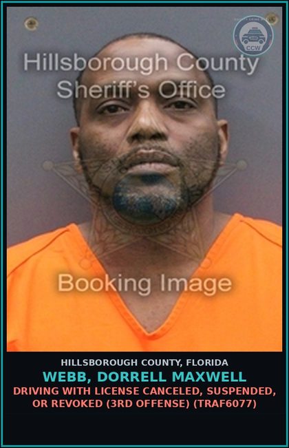 CCW arrest card for WEBB, DORRELL MAXWELL in Hillsborough County: DRIVING WITH LICENSE CANCELED, SUSPENDED, OR REVOKED (3RD OFFENSE) (TRAF6077)