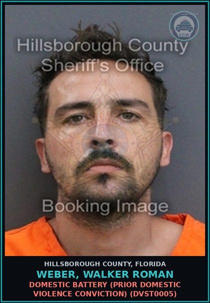 CCW arrest card for WEBER, WALKER ROMAN in Hillsborough County: RESISTING OFFICER WITHOUT VIOLENCE (COPS1001)