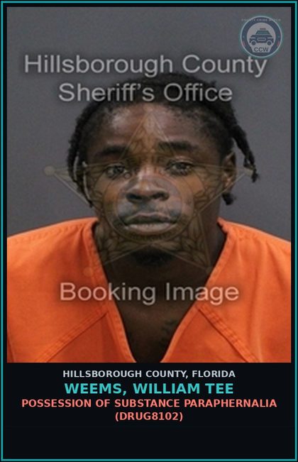 CCW arrest card for WEEMS, WILLIAM TEE in Hillsborough County: POSSESSION OF DRUG PARAPHERNALIA (DRUG8102)
