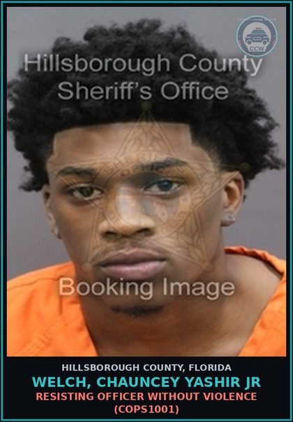 CCW arrest card for WELCH, CHAUNCEY YASHIR JR in Hillsborough County: RESISTING OFFICER WITHOUT VIOLENCE (COPS1001)