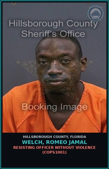 CCW arrest card for WELCH, ROMEO JAMAL in Hillsborough County: RESISTING OFFICER WITHOUT VIOLENCE (COPS1001)