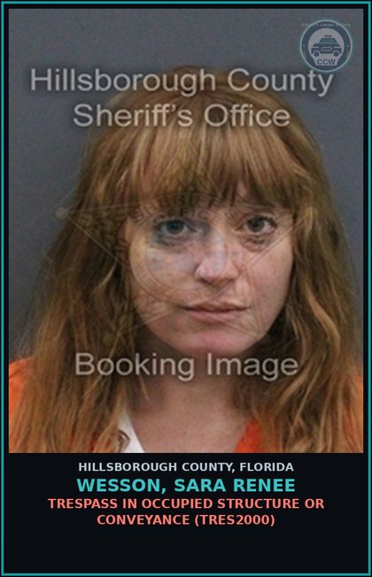 CCW arrest card for WESSON, SARA RENEE in Hillsborough County: TRESPASS IN OCCUPIED STRUCTURE OR CONVEYANCE (TRES2000)