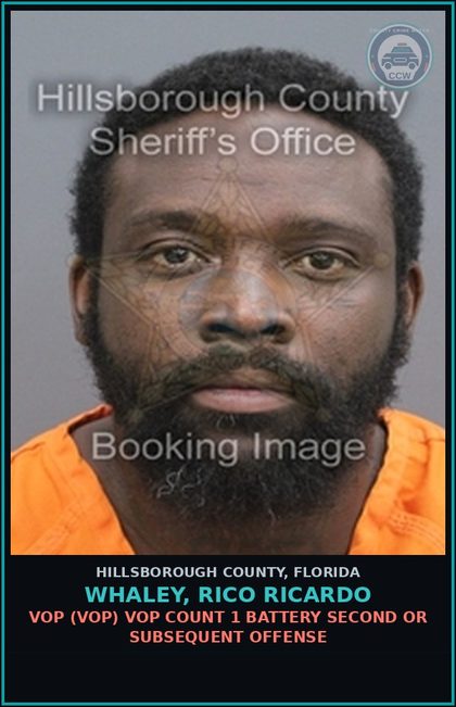 CCW arrest card for WHALEY, RICO RICARDO in Hillsborough County: VOP (VOP) VOP COUNT 1 BATTERY SECOND OR SUBSEQUENT OFFENSE