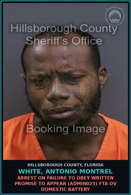CCW arrest card for WHITE, ANTONIO MONTREL in Hillsborough County: ARREST ON FAILURE TO OBEY WRITTEN PROMISE TO APPEAR (ADMIN023) FTA DV DOMESTIC BATTERY