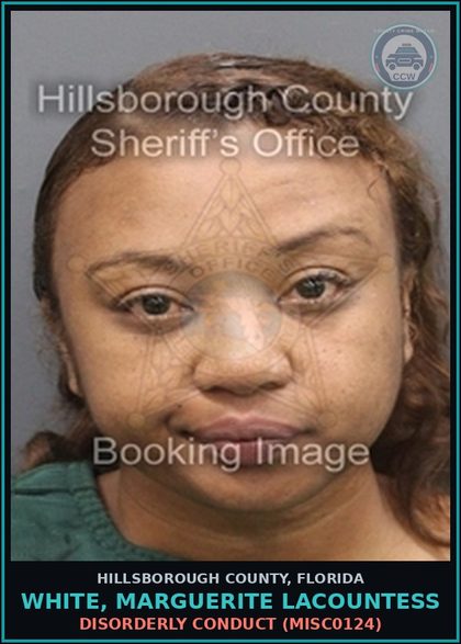 CCW arrest card for WHITE, MARGUERITE LACOUNTESS in Hillsborough County: DISORDERLY CONDUCT (MISC0124)