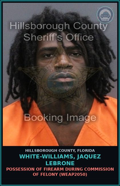 CCW arrest card for WHITE-WILLIAMS, JAQUEZ LEBRONE in Hillsborough County: POSSESSION OF FIREARM DURING COMMISSION OF FELONY (WEAP2050)