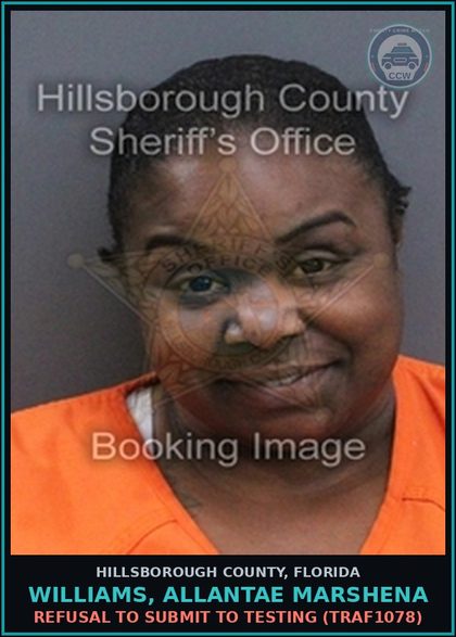 CCW arrest card for WILLIAMS, ALLANTAE MARSHENA in Hillsborough County: REFUSAL TO SUBMIT TO TESTING (TRAF1078)