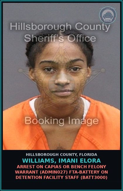 CCW arrest card for WILLIAMS, IMANI ELORA in Hillsborough County: ARREST ON CAPIAS OR BENCH FELONY WARRANT (ADMIN027) FTA-BATTERY ON DETENTION FACILITY STAFF (BATT3000)