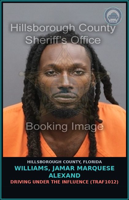 CCW arrest card for WILLIAMS, JAMAR MARQUESE ALEXAND in Hillsborough County: DRIVING UNDER THE INFLUENCE (TRAF1012)