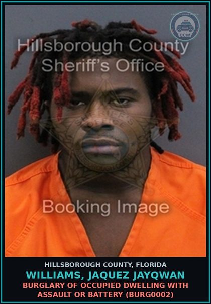 CCW arrest card for WILLIAMS, JAQUEZ JAYQWAN in Hillsborough County: BURGLARY OF OCCUPIED DWELLING WITH ASSAULT OR BATTERY (BURG0002)