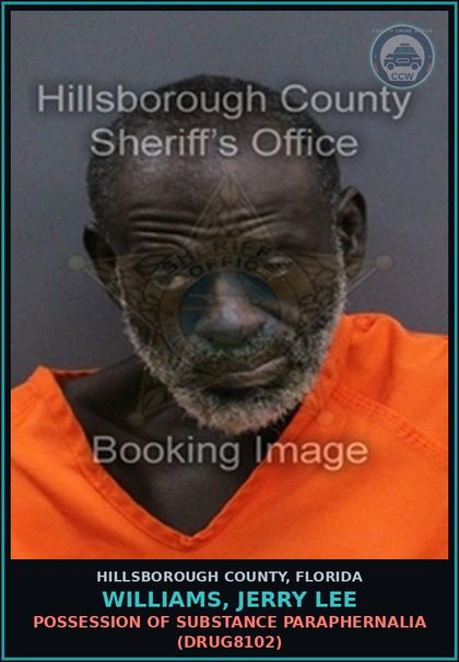 CCW arrest card for WILLIAMS, JERRY LEE in Hillsborough County: POSSESSION OF DRUG PARAPHERNALIA (DRUG8102)