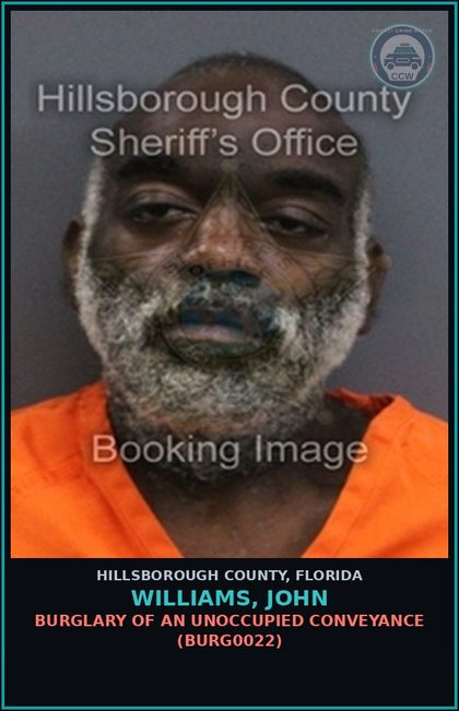 CCW arrest card for WILLIAMS, JOHN in Hillsborough County: BURGLARY OF AN UNOCCUPIED CONVEYANCE (BURG0022)